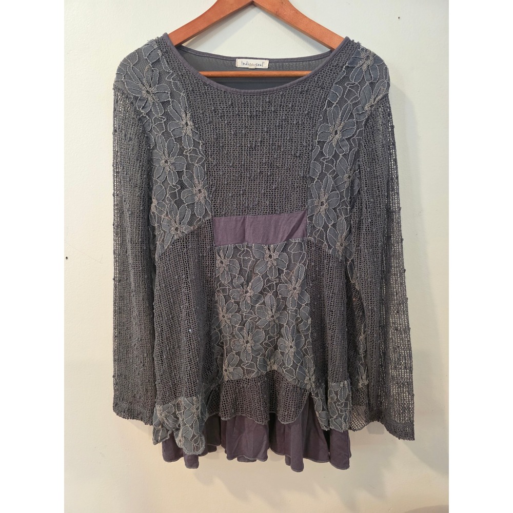 Indigo Soul Whimsigoth Gray Mixed Media Lace Tunic Top Fairy Grunge Boho M